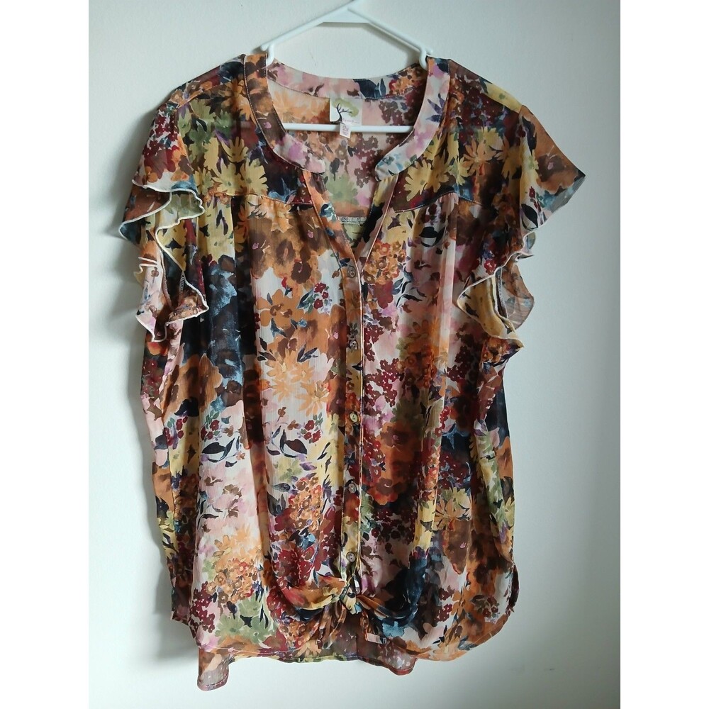 Fig and Flower Top Womens 2X  Lightweight Sheer Button Up Blouse